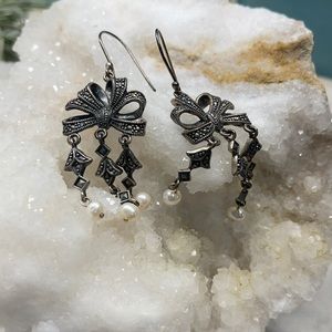 Sterling marcasite wire bow earrings Pearl drop